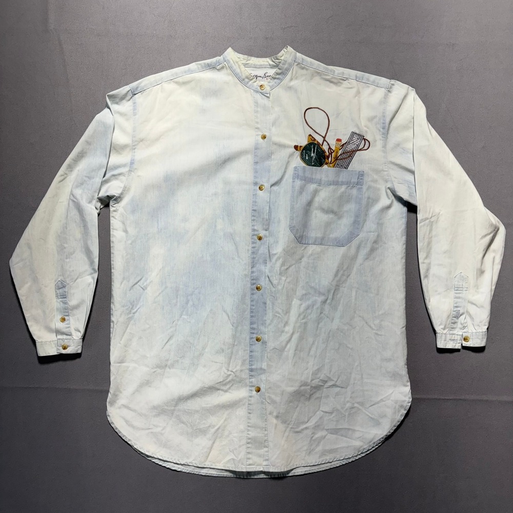 Geoffrey Beene Sport Vintage Acid Wash Denim Embroidered Band Collar Shirt Sz 4
